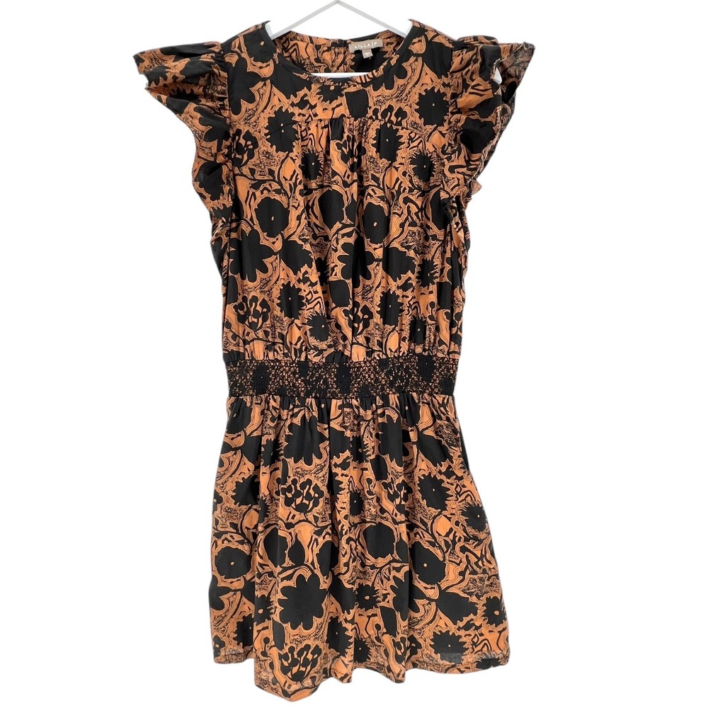 Lilla P Dress Womens Small Black Orange Brown‎ Flutter Sleeve Smocked Waist